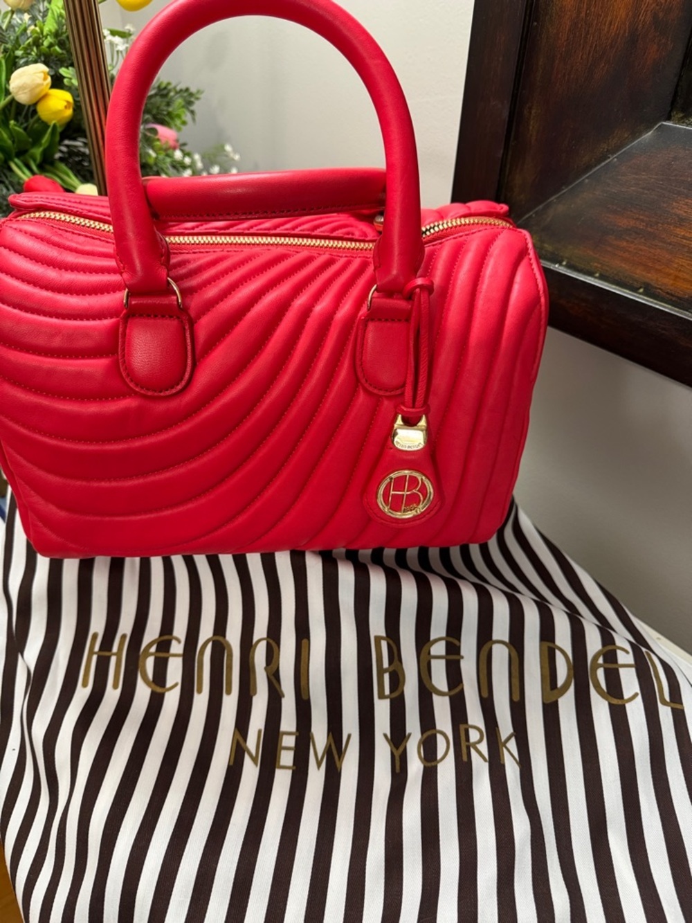 henri bendel Red Quilted Saffiano Leather Satchel Handbag EUC